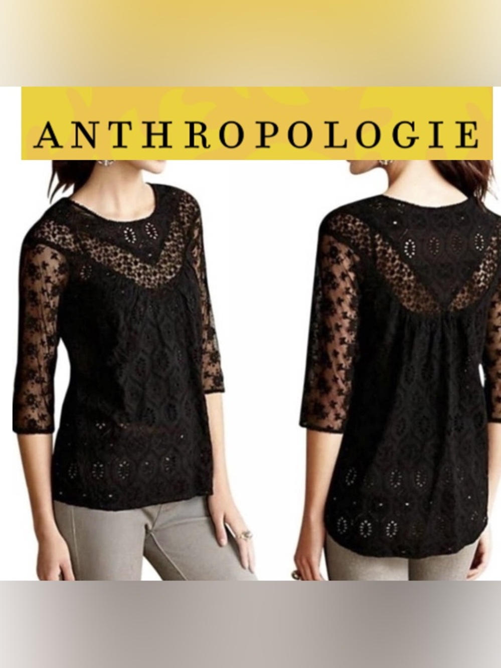 Anthropologie Fleur Wood Black 3/4 Sleeve
Round Neck Lace
Overlay Blouse Size S